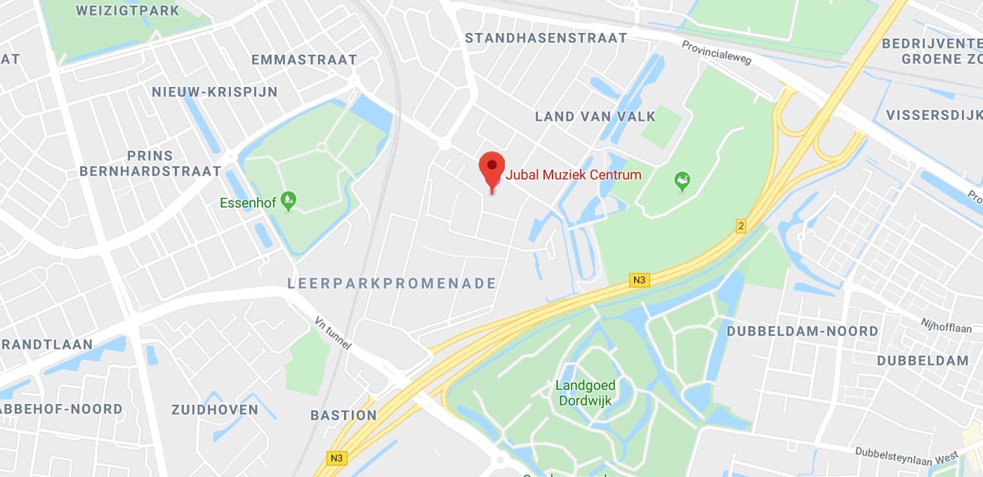 Locatie van het Jubal Muziek Centrum in Dordrecht